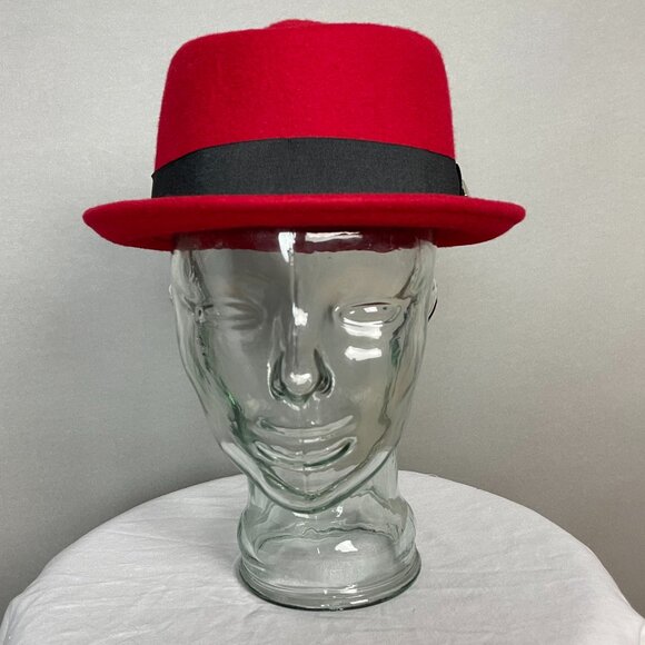 Pork Pie Hat Wool Felt Red Black Trim Medium Large Short Brim Women - Picture 2 of 13